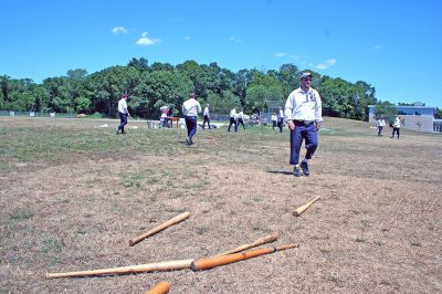 Vintage Base Ball
Members of the Old Ironsides Vintage Base Ball Club played a traditional period game of "base ball" at Old Hammondtown School on Sunday, August 5 as part of Mattapoisett's weeklong 150th Birthday Celebration. (Photo by Robert Chiarito).
