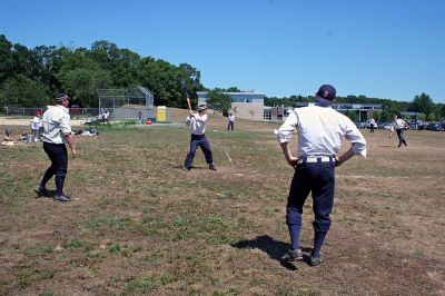 Vintage Base Ball
Members of the Old Ironsides Vintage Base Ball Club played a traditional period game of "base ball" at Old Hammondtown School on Sunday, August 5 as part of Mattapoisett's weeklong 150th Birthday Celebration. (Photo by Robert Chiarito).
