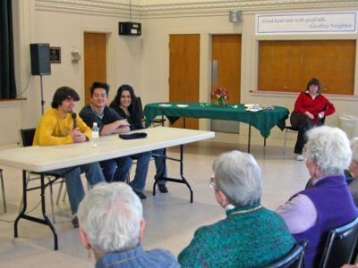 Exchanging Ideas
Foreign exchange students now attending ORR High School spoke to the members of the Womens Community Guild of the Mattapoisett Congregational Church on Tuesday, March 6 in the churchs Reynard Hall. The three students are all members of the American Field Service (AFS) at ORR High School and spoke of their experiences here in America (a student from Holland and a student from Turkey) and abroad (an ORR student who spent a year in Iceland). (Photo by Kenneth J. Souza).
