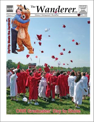 ORR Grads Shine
Old Rochester Regional High Schools tight-knit Class of 2008 bonded together for one last time on the field of the ORR campus to toss their graduation caps high into the air just after receiving their diplomas during Commencement Exercises held on Saturday, June 7 at the school. Inset: Bostons Fox 25 Morning News Anchor Gene Lavanchy embraces our very own mascot, the Aardvark, during the shows popular Zip Trip to Mattapoisett on Friday, June 6. The event drew a sizeable crowd of locals to Shipyard Park.
