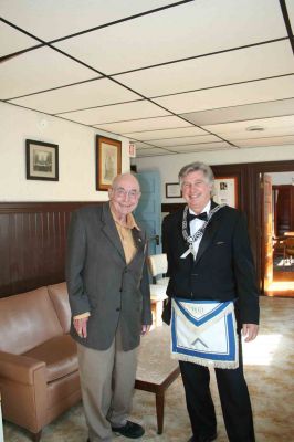 Masonic Open House
As a part of a wide initiative to share the Masonic mission, the Pythagorean Masonic Lodge on Spring Street in Marion opened their doors to the public on October 15, 2011. Here, Mattapoisett resident Art Schneider, left, and Tom Dexter, right, spoke with visitors about their organization. Photo by Joan Hartnett-Barry.
