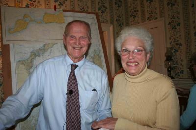 SWC Talks Cuttyhunk
Seth Mendell, local historian and president of the Mattapoisett Historical Society, gave a talk on the history of Cuttyhunk at the Sippican Woman's Club meeting on October 14, 2011. Here, he chats with WC member Debbie Bush before the meeting. Photo by Joan Hartnett-Barry.
