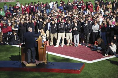 Tabor Dedication
On Saturday, November 12, the Tabor turf fields were dedicated to G. Richard "Duff" Duffy, a Class of '56 graduate and member of the Tabor faculty since 1969. In his tenure, Mr. Duffy has shared his love of baseball and squash, and has served as Dean and dorm parent. Additionally, Mr. Duffy was Director of Silvershell Beach from 1974 to 1999, and a special member of the Marion police force. Photo courtesy of Tabor Academy student photography pool.
