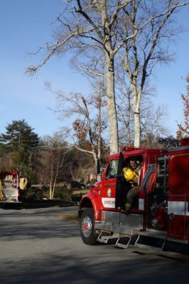 Chimney Fire Call
Mattapoisett Police and Fire responded to a reported chimney fire on Melissa Ann Lane on the cold morning of January 16, 2012. The situation was quickly brought under control and the emergency crews left the premises after a half hour. Photo by Anne Kakley.
