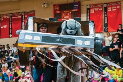ORR Spirit Week
The culmination of Old Rochester Regional High School’s Spirit Week was a pep rally held after October 7 classes in the gymnasium. ORR sophomores performed a Wizard of Oz skit, and the ORR Bulldog joined Dorothy and company. The seniors displayed a "Back in Time/Back to the Future" theme, featuring a cleverly constructed “Delorean,” a colorful aerobics class, lots of action and energetic music with Marty McFly and Doc Brown characters joined by the heroic Bulldog. 
