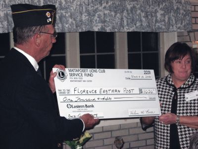 Community Giving
Mike Lamoureux of the American Legions Florence Eastman Post 280 and long-time member of the Mattapoisett Lions Club receives a check from Mattapoisett Lions Club President Helene Rose to sponsor four students to attend Boys and Girls State Convention. Photo courtesy of Helene Rose.

