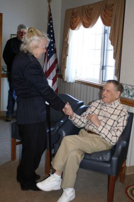 Boston Post Cane
Selectman Naida Parker presented Rochester’s oldest resident with the Boston Post Cane on February 20. Armand Cournoyer, 100, who now resides at the Sippican Healthcare Center, received the cane during a small ceremony while surrounded by friends and three generations of family members. Photos by Jean Perry

