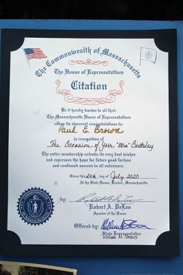 100th Birthday
Paul Brown, Mattapoisett resident and a World War II veteran, was celebrated on Friday, July 24 on his 100th birthday, by the Marine Corps League of New Bedford and a gathering of local supporters. Photos by Mick Colageo
