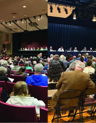 Town Meeting
Both Marion and Mattapoisett held their Annual Town Meetings on Monday. Residents participated in the direct democracy votes on various articles in a longstanding continuation of the practice from colonial times. Of the many articles voted upon, in Marion all were passed except Article 43, the Citizen’s Petition which was passed over to fall and in Mattapoisett all were passed except Article 27 which was voted against. Photos by Sam Bishop and Marilou Newell 
