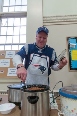 Chili Cook-off
The MattMen of Mattapoisett Congregational Church came together Sunday night, January 25th ,to see who amongst them cooks up the best man-made chili.  Tasting was free to all who came.  Those who wished to vote contributed $5 to The Baby Project of New Bedford.  $518 was raised for The Baby Project. Out of 15 chili cooks who prepared 16 pots of chili, Rory McFee received the most votes for his “Smoky Chili.”.  Bob Field’s “Oyster Chili” came in second place.  Photo by Felix Perez
