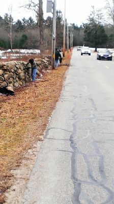 George's Pony Pasture
On Saturday morning, a work crew gathered at George's Pony Pasture on Mattapoisett Road in Rochester. They attacked the briers, bittersweet, brush and tree trunks. About half the length of the wall was cleaned up in this initial effort, but there's more to be done. Our thanks to Art Benner, Ken Josephson, Kelly and Derek Barratt, and Russ, Wendy, and Howard Keeler for their efforts this morning. Photo courtesy of the Rochester Land Trust
