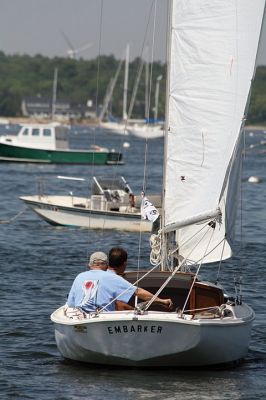 Embarker
Mattapoisett resident Bob Brack launched his sailboat “Embarker” on Monday for the 50th time from the Mattapoisett Boatyard. Brack has owned the same boat for 50 years, a rarity to encounter says former boatyard owner Art Maclean. Seen here, Brack and son Ken head out into Buzzards Bay on this golden anniversary of the first launching of “Embarker.” Photo by Jean Perry
