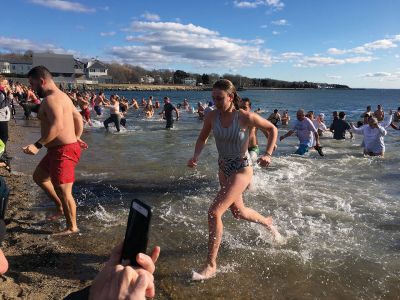 Freezing For A Reason
Friends bare it all for the 8th annual Freezing For A Reason on New Year’s Day 2020. Wearing designer shower caps were Maura Kelley, Helen Muller, and Linda Duchaine. They attended the event in memory of Richard Bartlett. 
