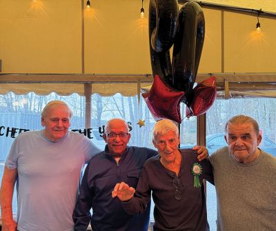 Retired Mattapoisett Police Chief
On Wednesday, April 15, retired Mattapoisett Police Chief James Moran celebrated his 90th birthday in Mattapoisett with family and friends. He started as a patrol officer in 1963 and held the position of Chief for almost 20 years. Pictured from left to right: Retired Mattapoisett Police Officers Milt Heuberger, Ed Pina, Chief Moran, and Ken Pacheco. Photo courtesy Patrick Moran
