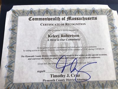 Kelcey Robertson
Kelcey Robertson, 11, of Rochester, was honored on April 27 by Plymouth County District Attorney Timothy J. Cruz with a Commonwealth of Massachusetts Certificate of Recognition as a "Hero in our Community" and given three books to add to his donation to the Tri-Town Against Racism Diversity Library for local schools. Robertson, The Wanderer's Keel Award winner in Rochester for 2020.
