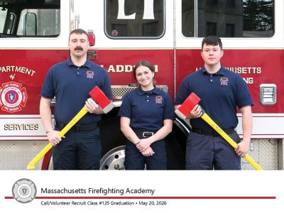 Massachusetts Firefighting Academy
State Fire Marshal Jon M. Davine announced the graduation of 40 recruits from the Massachusetts Firefighting Academy’s Call/Volunteer Recruit Firefighter Training Program including: from Marion: Zachary Dewitt, Alyssa Hume-Hennessy, and Wayne Cash. 

