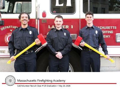 Massachusetts Firefighting Academy
State Fire Marshal Jon M. Davine announced the graduation of 40 recruits from the Massachusetts Firefighting Academy’s Call/Volunteer Recruit Firefighter Training Program including: from Mattapoisett: Joshua Burgo, Noah Motta, and Aven Beauchemin.
