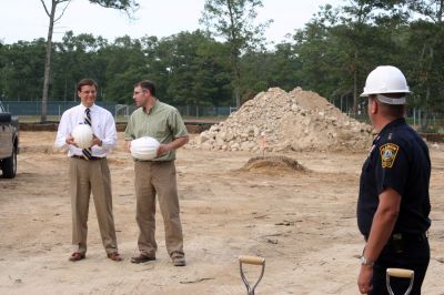 Police Station Ground Breaking
Construction on the new Marion Police Station officially began on September 8, 2009 with a groundbreaking ceremony. Among those present were Police Chief Lincoln Miller, Chairman of the Board of Selectmen Stephen Cushing, Selectmen Roger Blanchette and Jonathan Henry, Project Manager Rick Pomeroy, Architect Brian Humes, Building Committee Chairman Dale Jones, and Jonathan Scully of B.C. Construction. Photo by Anne O'Brien-Kakley
