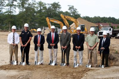 Police Station Ground Breaking
Construction on the new Marion Police Station officially began on September 8, 2009 with a groundbreaking ceremony. Among those present were Police Chief Lincoln Miller, Chairman of the Board of Selectmen Stephen Cushing, Selectmen Roger Blanchette and Jonathan Henry, Project Manager Rick Pomeroy, Architect Brian Humes, Building Committee Chairman Dale Jones, and Jonathan Scully of B.C. Construction. Photo by Anne O'Brien-Kakley
