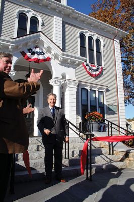 Marion Town House
November 6 dedication of the Marion Town House. Select Board member Randy Parker cuts the ribbon, reopening the renovated Town House to Marion citizens. Sherman Briggs, Nate Burgess, Shaun Cormier, Francisco Tavares, Peter Turowski and Mike Vareika were among contributors recognized during the festivities, after which visitors were invited inside the building where renovation work is ongoing. Photos by Mick Colageo

