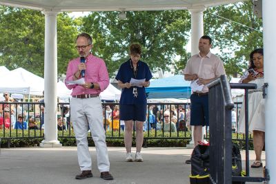 Declaration of Independence
On Saturday, the Mattapoisett Public Library, Museum, and Lions Club held a reading of the Declaration of Independence on the 250th anniversary of its reading from the Boston State House. State Representative Mark Silvia, Library Director Jenny Martin, Museum Administrator Connor Gaudet, and Select Board Member Frances Feliz-Kearns took turns reading. Photo by Zakary Sarkarati
