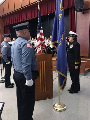 Mattapoisett Veterans Day
Mattapoisett invited guest speaker to give the main address at the annual Veterans Day observance at Old Hammondtown School on Monday. The ceremony was hosted by Rachel Perron, the new Commander of the American Legion Post 280. Photos by Marilou Newell
