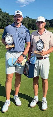 Member Guest Championship
Brandon Oldham and Andrew Augustine clinched the Member Guest Championship golf tournament on August 15 at the Plymouth Country Club. Both are former players on the ORRHS golf team and former South Coast Conference Golf Champions. Picture courtesy of Betsey Oldham
