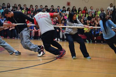 ORR Pep Rally
Principal Michael Devoll gave Old Rochester Regional High School students a “shot in the arm” of school spirit on Friday January 31 – rather overdue for a school with a varsity basketball team currently in first place, a number of losing streaks in sports that have finally come to an end, and an undefeated debate team, among other reasons for students to be proud. Photo by Jean Perry
