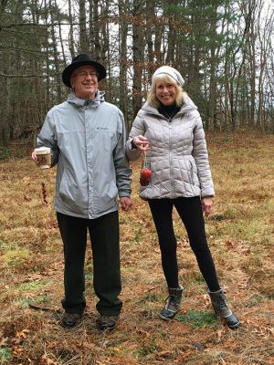 Rochester Land Trust
Rochester Land Trust members Chip and Barbara Allen prepare to place cranberry garlands and apples in the woods at the Church Preserve as part of an event held in partnership with Plumb Corner Library.
