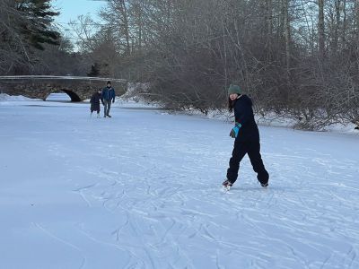 Mattapoisett River
Andrew Apperson, Abe Apperson, Elizabeth Sherry, and Bea Apperson ice skating near the stone bridge on the Mattapoisett River. Photo courtesy Elizabeth Sherry
