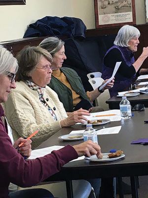 Vegan
From left, Nancy Christie, Barbara VanInwegen, Liz Garvey and Anne Layton tentatively bite into vegan meat substitutes featuring plant-based meat alternatives during a February 26 program hosted by the Mattapoisett Public Library. The program is part of a larger sustainability initiative the library has embarked upon, in part funded by the Richard and Ann Prouty Foundation. The taste testers rendered a "not bad" verdict on most the items offered by Library Director Jennifer Jones, who noted that other food-
