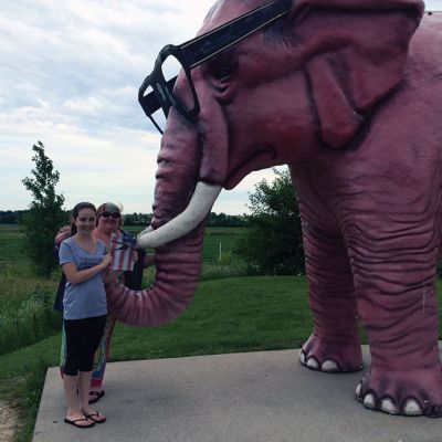 DeForest Wisconsin
Kristen SaintDon-Campbell took The Wanderer to Montana and back. On route it went to Mt. Rushmore, Crazy Horse, The Corn Palace, Yellowstone and more but her favorite stop  was in DeForest Wisconsin at the Pink Elephant. This is Kristen and her niece Brianna St. Don representing!
