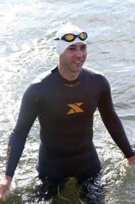 2011 Triathlon
38-year-old Jason Lake was one of 240 athletes to participate in the Mattapoisett Lions' 2011 Triathlon, which included a .25-mile swim on the Town Beach. Mr. Lake, an Easton native, completed the Triathlon with his family, wife Lynn and children Brody and Courtney, cheering him on. Photo by Anne Kakley.
