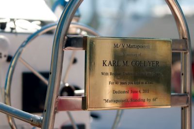 M/V Mattapoisett 
The M/V Mattapoisett, was christened at the Mattapoisett Boat Yard on June 4, 2011. "M/V Mattapoisett" was the call sign of Karl Collyer who passed away in February 2010 after working 40 years at the boatyard. Mr. Collyer also served as harbormaster in the 1970s and was an active contributor to the Marine Advisory Board. Photo by Felix Perez.
