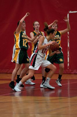 ORR Basketball
The ORR Lady Bulldogs Varsity Basketball team dominated Dighton-Rehoboth 50-24 Thursday night in front of a home crowd in the ORR gymnasium.  The girls went on a 16-2 run in the first quarter and never gave up their lead.  The team improves to 4-1 overall and 3-0 in the South Coast Conference. Sophomore Gabby Reuter and Junior Haley Dickerson each had 14 points and 10 rebounds apiece. Photo by Felix Perez
