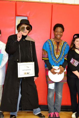 Vocabulary Day Parade 
A living, breathing, (and giggling) dictionary of vocabulary words displayed their intellect and imagination at Rochester Memorial School during its first annual Vocabulary Day Parade on April 4. Photo by Jean Perry
