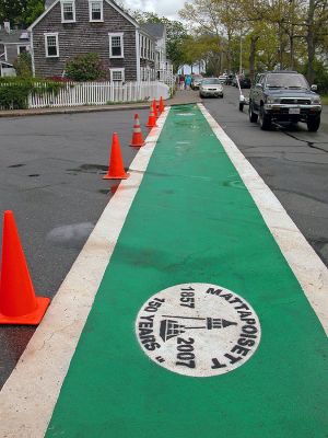 Mattapoisett Birthday Bash
The added touch of a painted crosswalk outside the Mattapoisett Town Hall was perfect for Mattapoisett's 150th Birthday Celebration held on Sunday, May 20, 2007. (Photo by Robert Chiarito).
