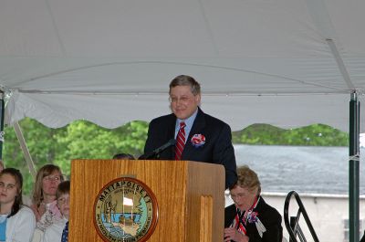 Mattapoisett Birthday Bash
Town Moderator John "Jack" Eklund served as Master of Ceremonies during Mattapoisett's 150th Birthday Celebration held on Sunday, May 20, 2007 outside Town Hall. (Photo by Tim Smith).

