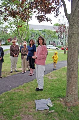 Permanent Planting
Family and friends gather for the unveiling of a newly-installed plaque rededicating the red maple tree just beneath the clock tower at Center School in memory of Suzanne Rogers, a first grader at the school who died tragically in 1977 when she was struck by a car. The Mattapoisett School Committee commissioned a new plaque to forever announce the trees significance. (Photo by Robert Chiarito).
