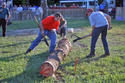 Wood, If I Could
The ever-popular Woodsman Show remains a highlight of Rochesters annual Country Fair and was held on Friday evening, August 22. Here a contestant displays his skills at the difficult and sometimes dangerous axe-throwing competition. Other events included log rolling, bow sawing, disc stacking, spring board chop, two-person cross cut, chainsaw cutting, and downward chop. Some of the woodmen came from as far away as Vermont to compete in this years program. (Photo by Robert Chiarito).
